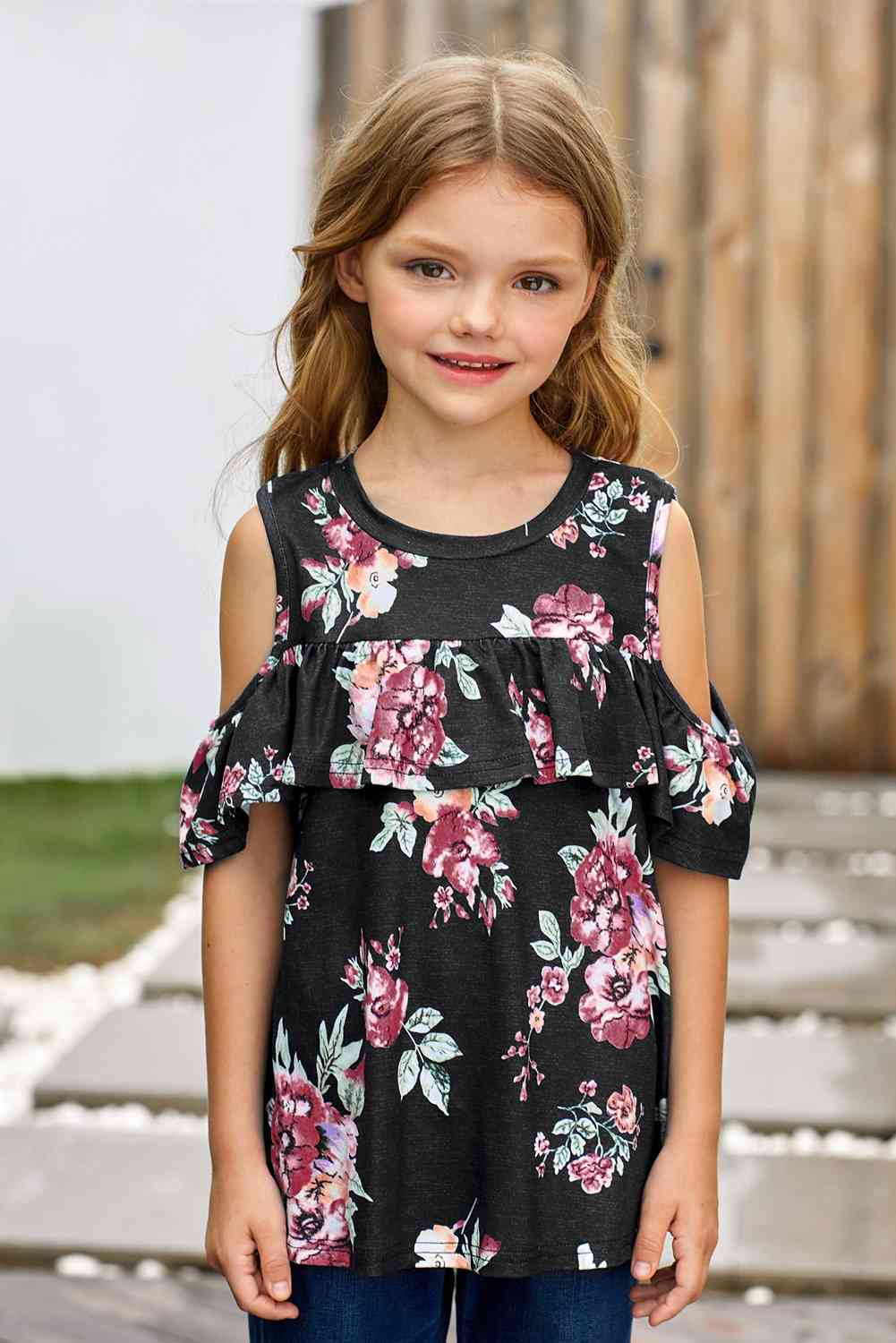 Blusa con volantes y hombros descubiertos con estampado floral para niñas