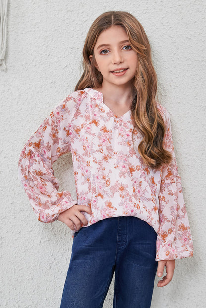 Blusa estampada con cuello entallado y mangas abullonadas para niñas