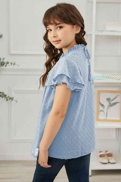 Blusa con mangas abullonadas y fruncido de lunares suizos para niñas