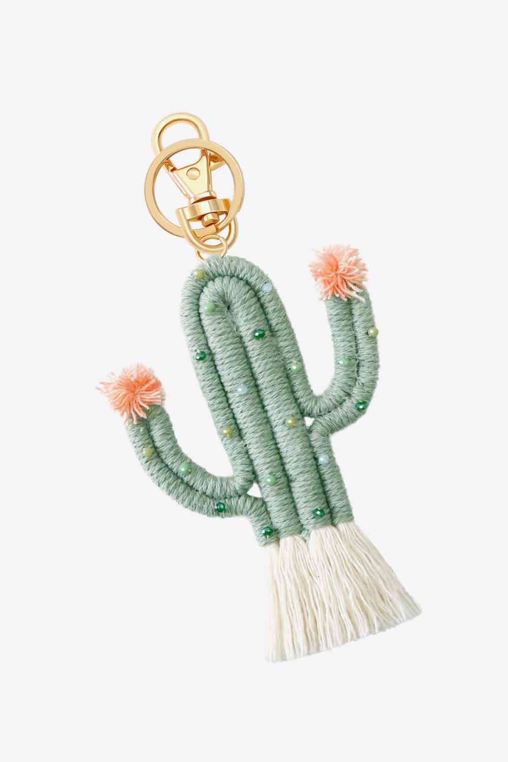 Llavero con forma de cactus y flecos con adornos de cuentas