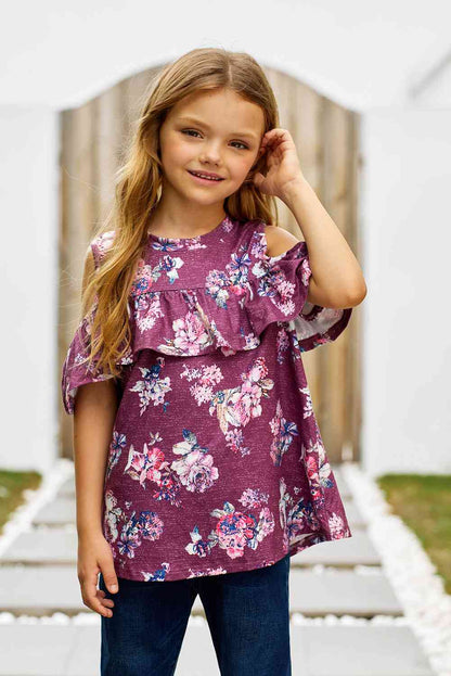 Blusa con volantes y hombros descubiertos con estampado floral para niñas