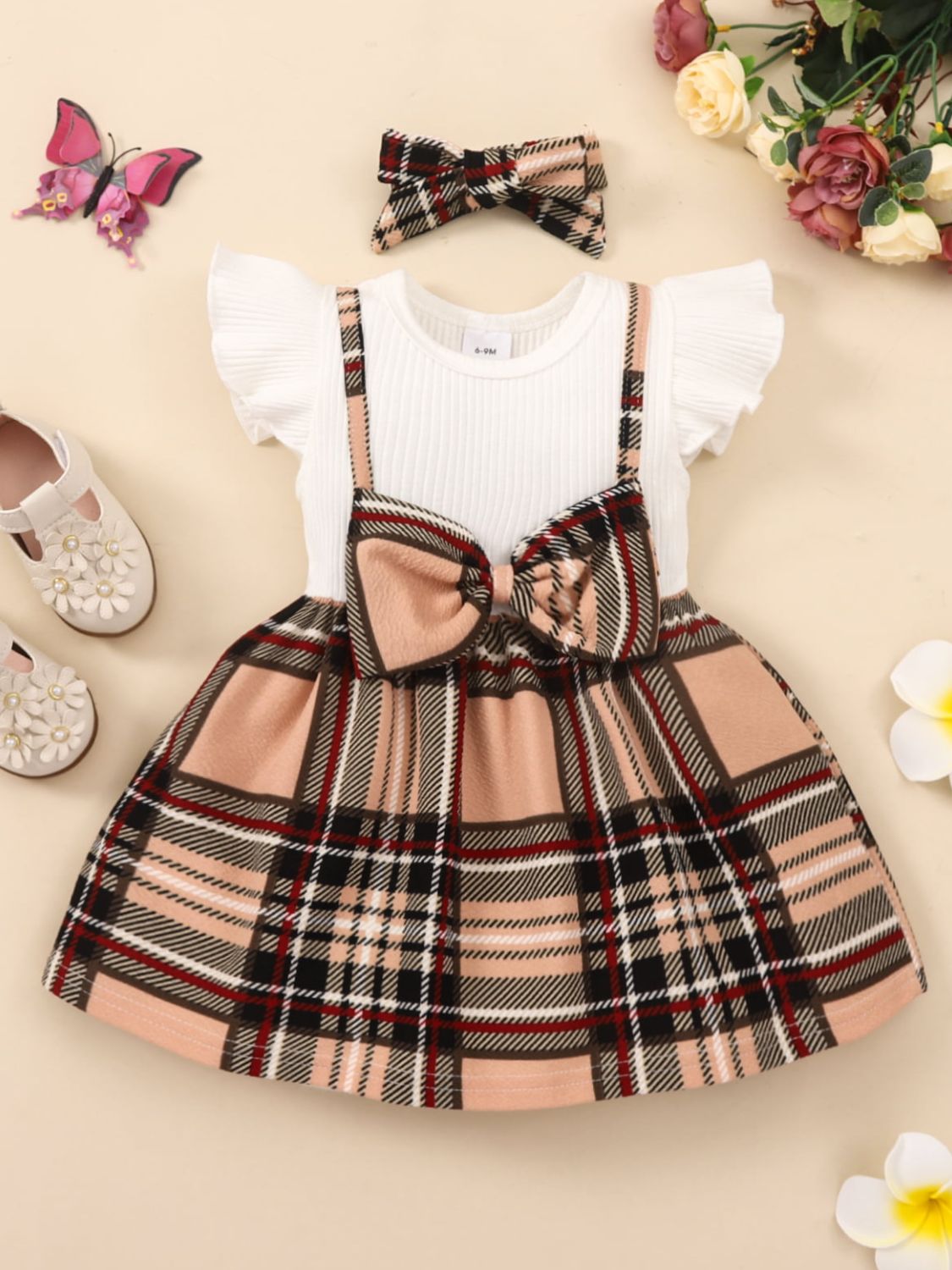 Vestido de canalé con detalle de lazo a cuadros para niñas