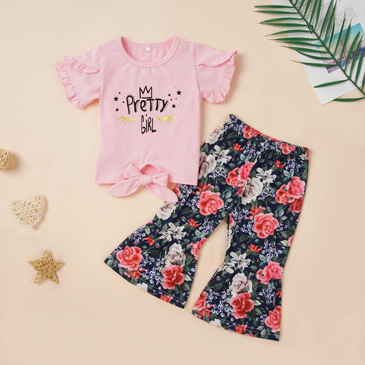 Conjunto de camiseta gráfica PRETTY GIRL con cuello redondo y pantalón con estampado floral