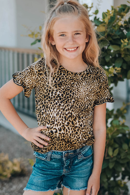 For the precious kiddos aged 4-13, this Girls Leopard Short Flounce Sleeve Tee is made of 95% polyester and 5% spandex—fabulous for fabulous fashionistas!