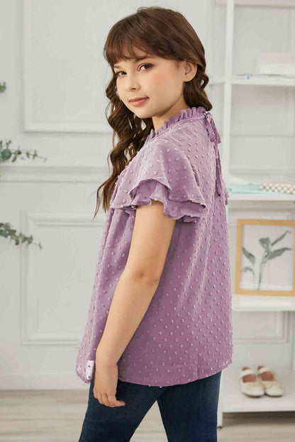 Blusa con mangas abullonadas y fruncido de lunares suizos para niñas