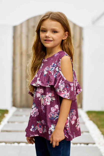 Blusa con volantes y hombros descubiertos con estampado floral para niñas