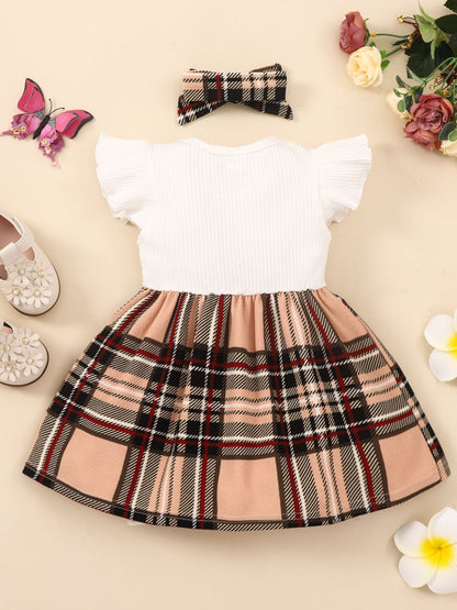 Vestido de canalé con detalle de lazo a cuadros para niñas