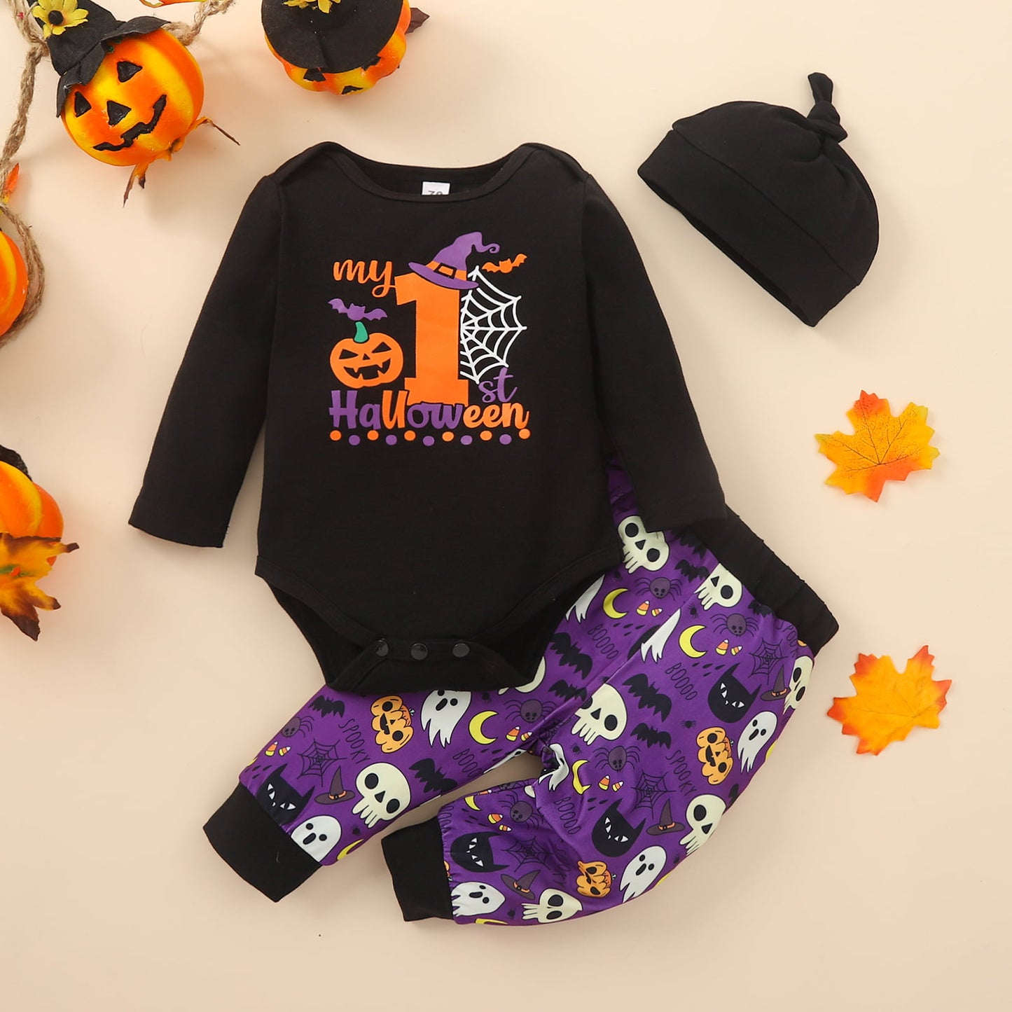 Show off your little one's 1st Halloween in this joyfully graphic onesie & pants set! With a polyester-cotton-spandex top and a poly-spandex pants, your babe will be boo-tifully dressed. And don't forget the hat — it's the perfect accessory for those long sleeves!