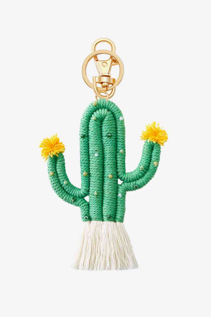 Llavero con forma de cactus y flecos con adornos de cuentas