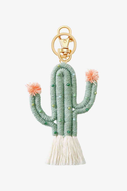 Llavero con forma de cactus y flecos con adornos de cuentas