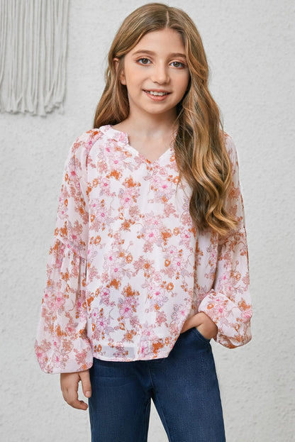 Blusa estampada con cuello entallado y mangas abullonadas para niñas