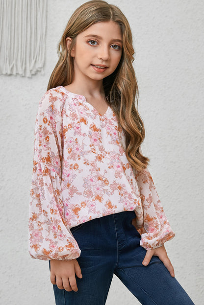 Blusa estampada con cuello entallado y mangas abullonadas para niñas