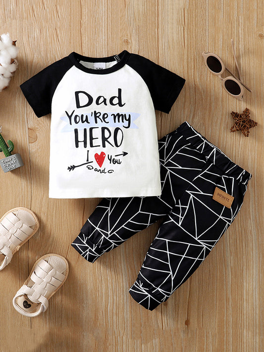 Rock the "Dad You're My Hero" graphic tee and printed pants set! An amazing style combo for baby & toddler sizes, with short sleeves and an ultra comfy 95% cotton, 5% polyester material blend.