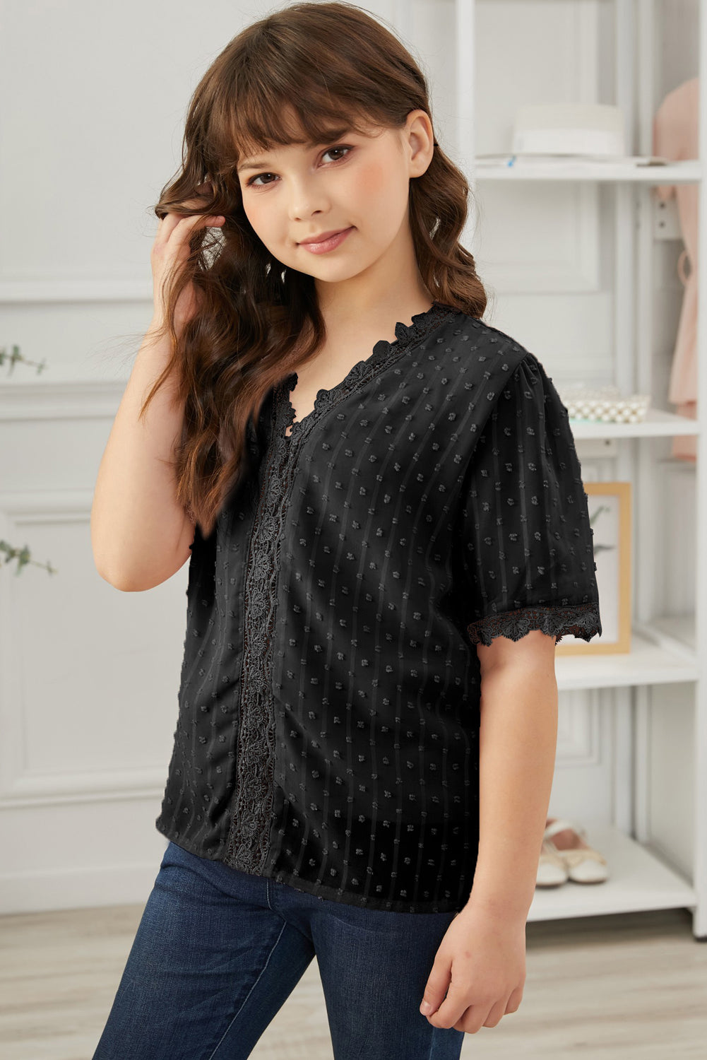 Blusa de encaje con puntos suizos para niñas