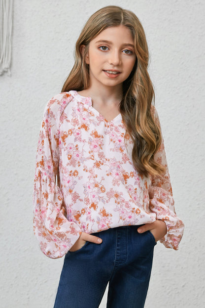 Blusa estampada con cuello entallado y mangas abullonadas para niñas