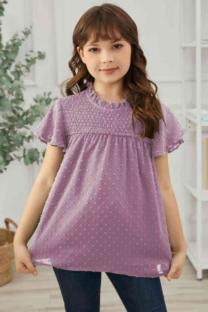 Blusa con mangas abullonadas y fruncido de lunares suizos para niñas