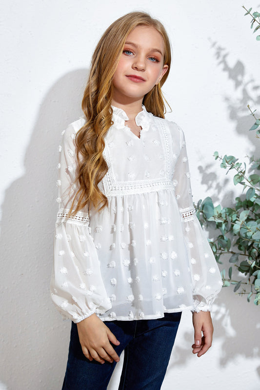 Blusa con muescas y encaje con empalmes de lunares suizos para niñas