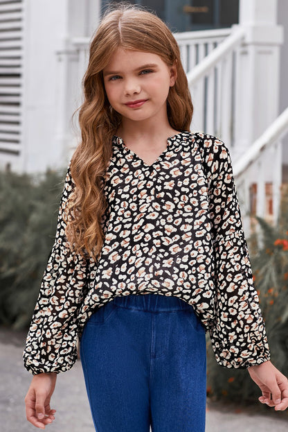 Blusa estampada con cuello entallado y mangas abullonadas para niñas