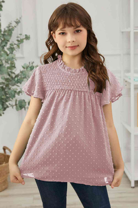 Blusa con mangas abullonadas y fruncido de lunares suizos para niñas