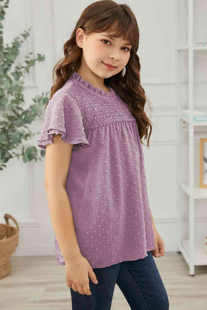 Blusa con mangas abullonadas y fruncido de lunares suizos para niñas