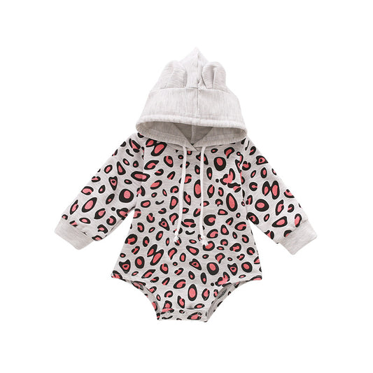 Leopard Print Baby Drawstring Hooded Onesie Features: Drawstring Neckline: Hooded Sleeve length: Long sleeves Material composition: 95% cotton, 5% polyester