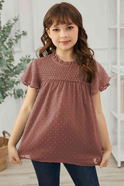 Blusa con mangas abullonadas y fruncido de lunares suizos para niñas