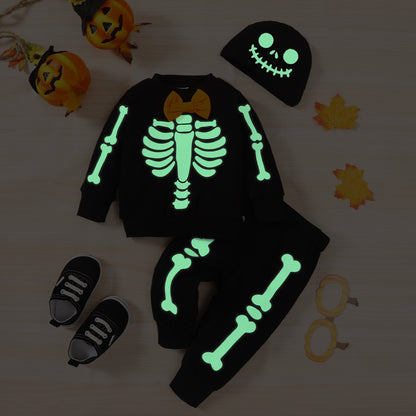 Score this 3-piece set: Hat, Sweatshirt, and Pants with a graphic baby skeleton print that glows in the dark! It features a bow neckline, long regular sleeves, and a material composition of 95% cotton and 5% spandex. So comfy and stylish!