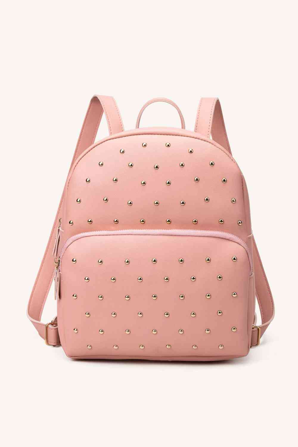 Introducing a stylish, uniquely studded backpack - perfect for everyday use! With both a striking peach and classic black option, this medium-sized bag is crafted with high-quality PU leather and is designed with measurements of 9.5*4.3*11.4 IN so that your belongings fit comfortably. Make a statement and experience the convenience of this fashionable piece!