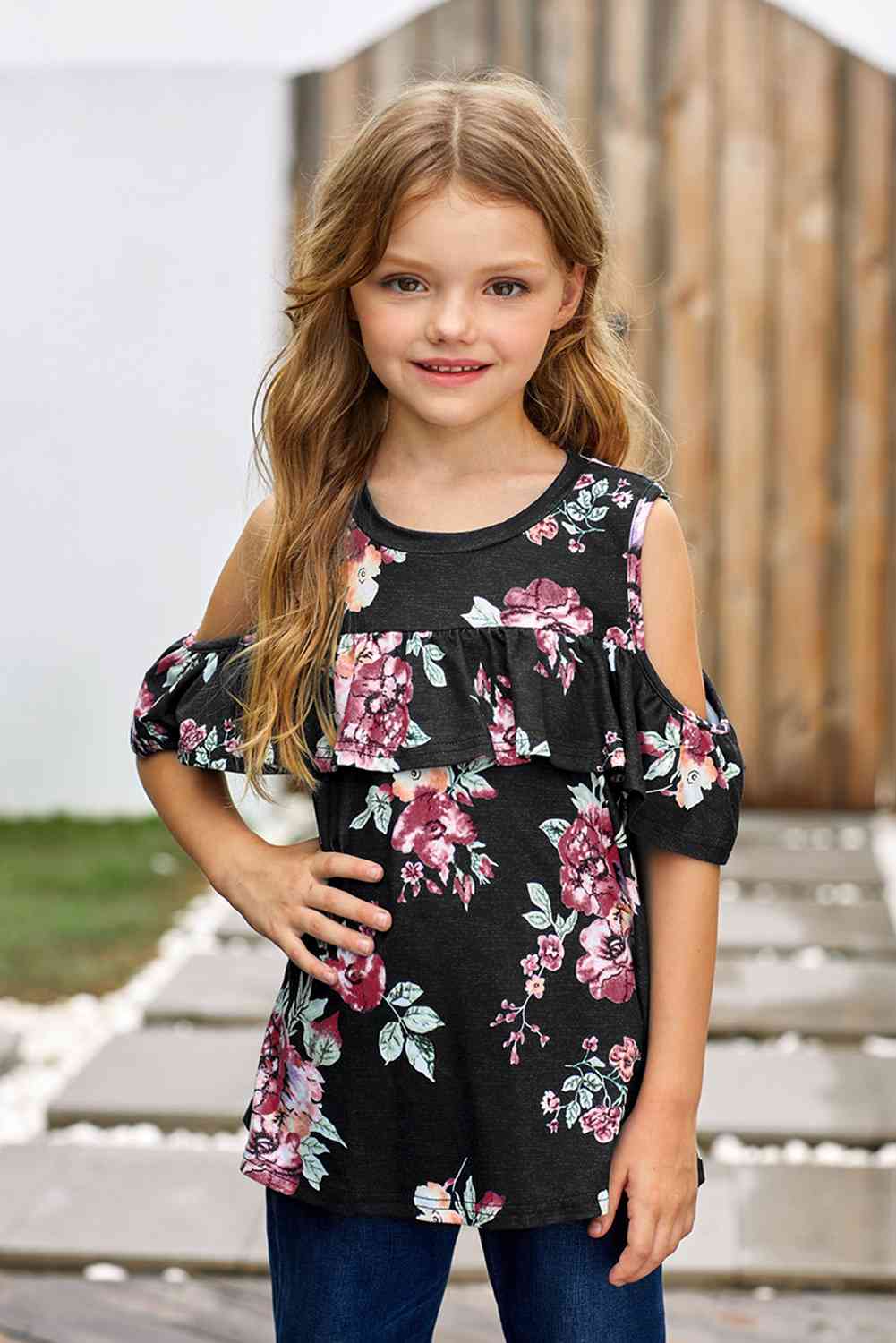 Blusa con volantes y hombros descubiertos con estampado floral para niñas