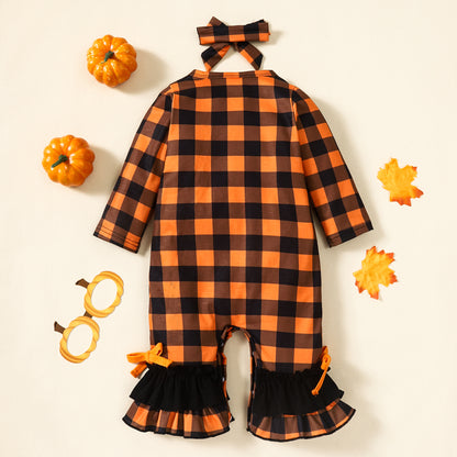 Show off your sizzlin' style in this Plaid Ghost Graphic Jumpsuit! It's got a ruffled bow, long sleeves, and is available in baby and toddler sizes. Plus, it's made from a cozy 95% polyester and 5% spandex blend. What's not to love?