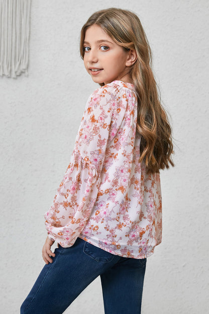 Blusa estampada con cuello entallado y mangas abullonadas para niñas