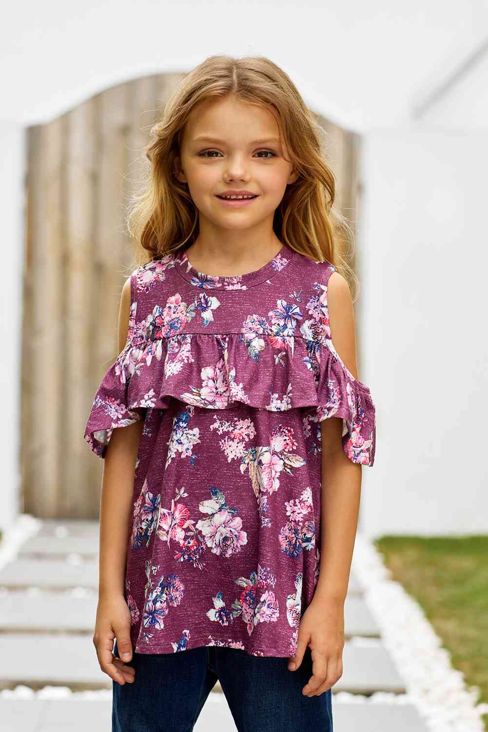 Blusa con volantes y hombros descubiertos con estampado floral para niñas