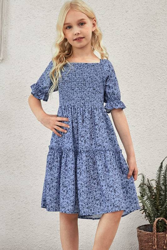 Vestido con mangas con volantes fruncidos y estampado para niñas