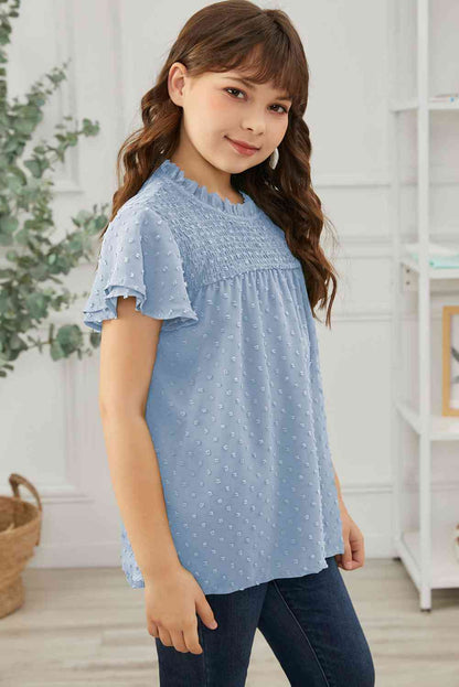 Blusa con mangas abullonadas y fruncido de lunares suizos para niñas