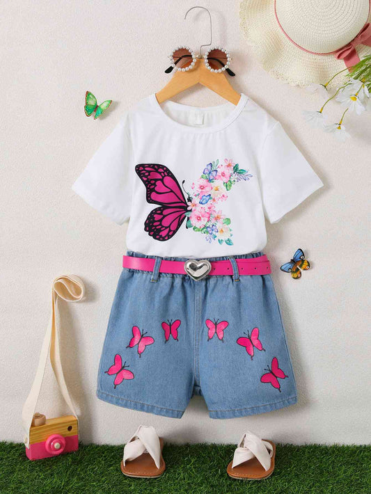 Conjunto de top con estampado de mariposas y pantalones cortos vaqueros con cinturón