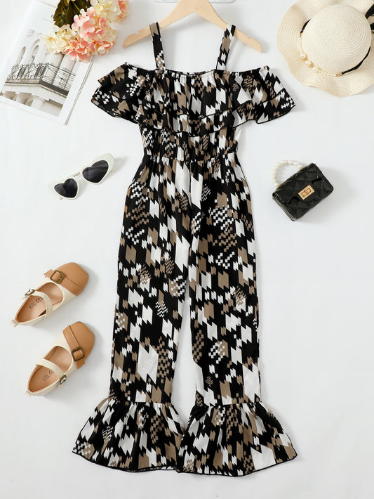 Fashionista alert! Get ready to strut your stuff in this sassy, black jumpsuit printed with a stylish pattern. Featuring an off-shoulder ruffle neckline and cold-shoulder short sleeves, this 100% polyester long-legged masterpiece will make you the talk of the town!