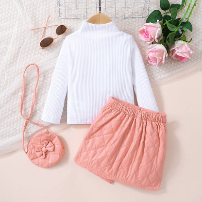 Conjunto de top de punto y falda con botones decorativos para niñas con bolso