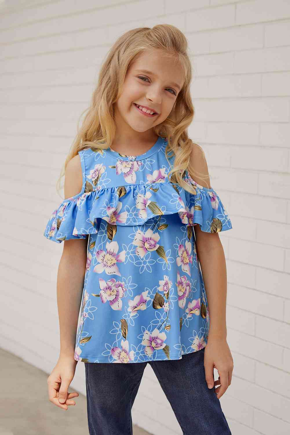 Blusa con volantes y hombros descubiertos con estampado floral para niñas