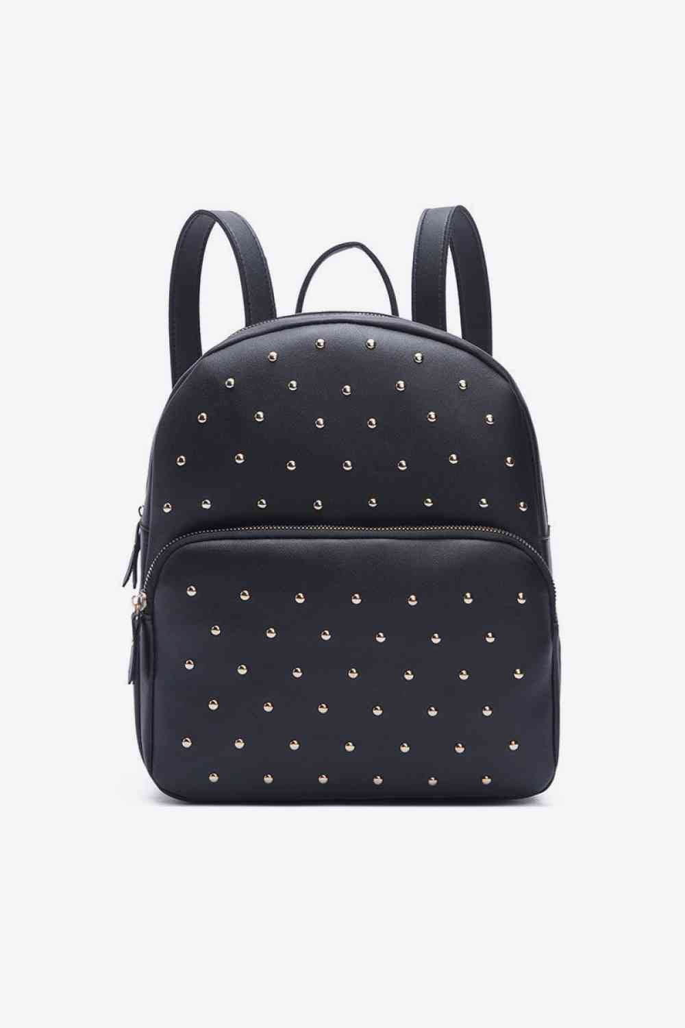 Introducing a stylish, uniquely studded backpack - perfect for everyday use! With both a striking peach and classic black option, this medium-sized bag is crafted with high-quality PU leather and is designed with measurements of 9.5*4.3*11.4 IN so that your belongings fit comfortably. Make a statement and experience the convenience of this fashionable piece!