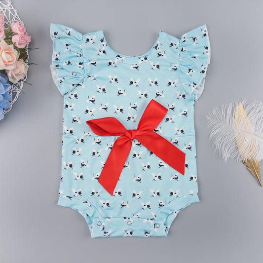 Style up those tiny-tot threads with our Printed Round Neck Onesie, featuring frilly flutter sleeves with a bow and crafted from 100% polyester in an oh-so-pretty pastel blue.