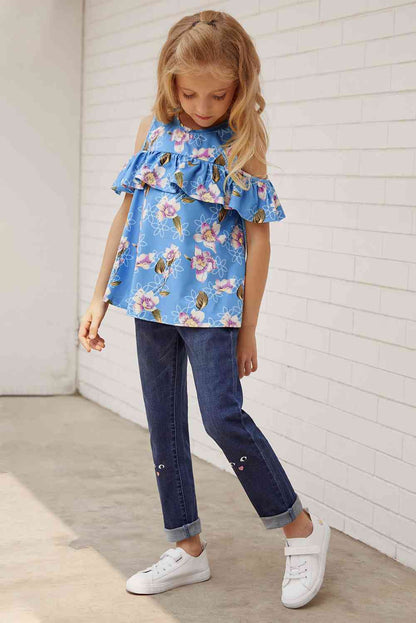 Blusa con volantes y hombros descubiertos con estampado floral para niñas