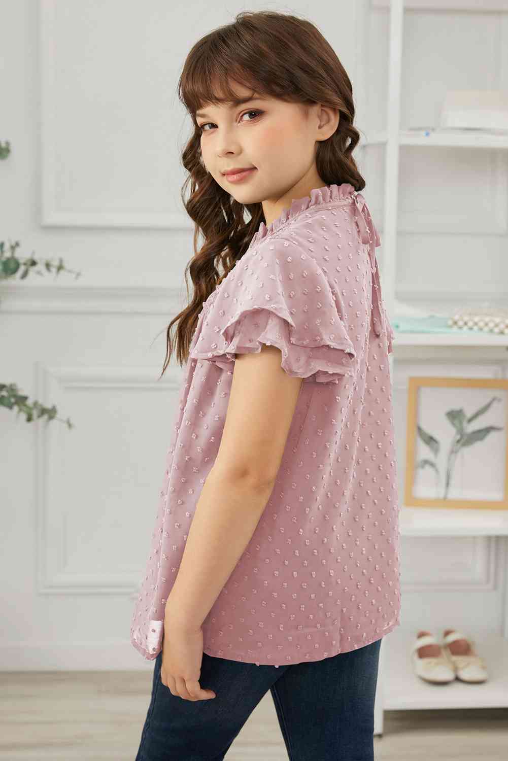 Blusa con mangas abullonadas y fruncido de lunares suizos para niñas