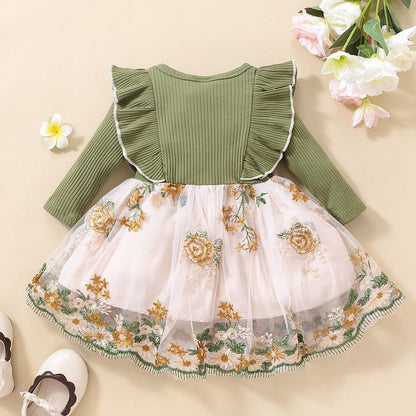 Vestido de tul con hombros con volantes y detalle de lazo floral para niñas