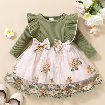 Vestido de tul con hombros con volantes y detalle de lazo floral para niñas